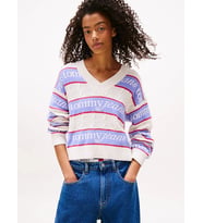 Tommy Hilfiger TJW Çizgili Logolu Kadın Beyaz Kazak DW0DW21682YBH