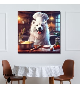 Kare Kanvas Mutfak Tablosu Aşçı Hayvanlar Beyaz Samoyed Köpek