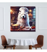 Kare Kanvas Mutfak Tablosu Aşçı Hayvanlar Beyaz Samoyed Köpek