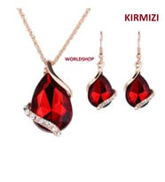 Büyük Damla Taşlı Altın Kaplama Kolye, Küpe,Takı Seti (Kırmızı)