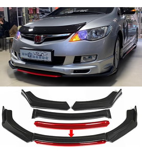 Honda Civic FD6 Kırmızı Renkli Şeritli Dilli Ön Lip 4 Prç Parlak Siyah ABS