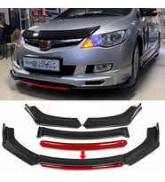 Honda Civic FD6 Kırmızı Renkli Şeritli Dilli Ön Lip 4 Prç Parlak Siyah ABS