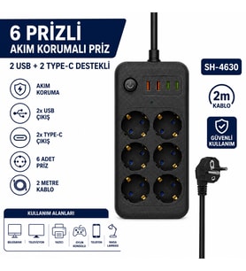 SH-4630 6'lı USB Type-C Akım Korumalı Priz