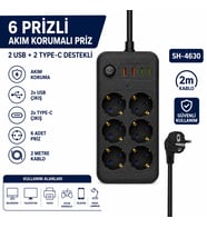 SH-4630 6'lı USB Type-C Akım Korumalı Priz