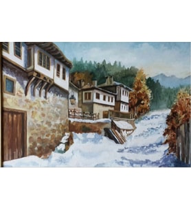 Kar manzaralı tablo (Sarı-Yeşil-Kahverengi-Beyaz)