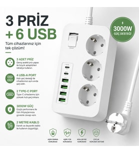 Akım Korumalı 3’lü Priz – 2×USB-C + 4×USB-A Hızlı Şarj, 2m Kablo, Çocuk Korumalı Çoklu Priz