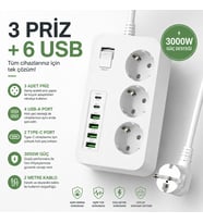 Akım Korumalı 3’lü Priz – 2×USB-C + 4×USB-A Hızlı Şarj, 2m Kablo, Çocuk Korumalı Çoklu Priz