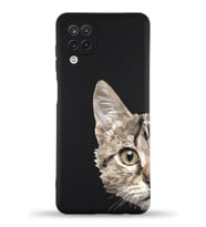 Samsung Galaxy A12 Uyumlu Lansman Kılıf Catface Tasarımlı İçi Kadife Kapak-Siyah (Şeffaf)
