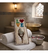 14 Şubat Sevgililer Günü romantik set Peştamal Havlu, Love yazılı Keçe Sabun ve Magnet Ayna Seti (A.Ekru)