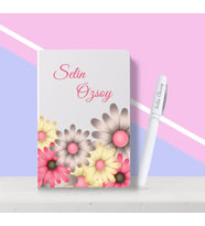 BK Gift Kişiye Özel Çiçek Desenli Beyaz Defter Kalem Seti-13