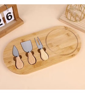 Bambu Peynir Sunum Tabağı, 3 Parça Peynir Bıçağı ve Çatalı Seti, Toplam 4 Parça, Doğal ve Şık Peynir Tabağı, Kaliteli Sunum Seti 34x20 cm Ebatlarında