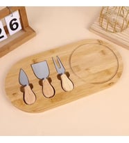 Bambu Peynir Sunum Tabağı, 3 Parça Peynir Bıçağı ve Çatalı Seti, Toplam 4 Parça, Doğal ve Şık Peynir Tabağı, Kaliteli Sunum Seti 34x20 cm Ebatlarında