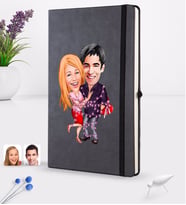 BK Gift Kişiye Özel Sevgililer Karikatürlü Siyah Termo Deri Defter 16x24cm Model 2