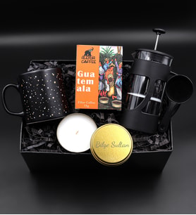 Alerya Guatemala Filtre Kahve & Siyah French Press & Yıldızlı Mat Siyah Kupa & Gold Metal Kutulu Mum Hediye Seti