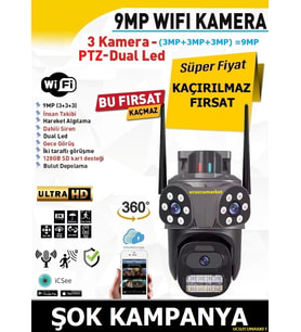Üç Kameralı Hareketli Wifi Kamera (Alarm Siren- Uzaktan Izleme-Kayıt Etme-Gece Görüş-Hareket Algılama)