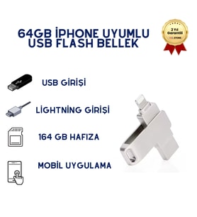 64GB iPhone Uyumlu USB Flash Bellek OTG Destekli Lightning ve USB Girişli Taşınabilir Hafıza