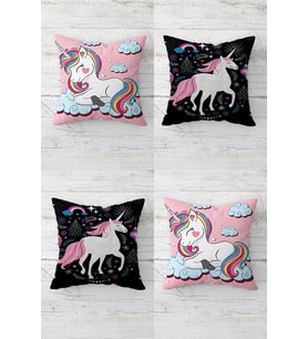 Sevimli Unicorn Desenler Gizli Fermuarlı Kırlent Kılıfı Koltuk Yastık Kılıfı Takım(4ADET) (Pembe)