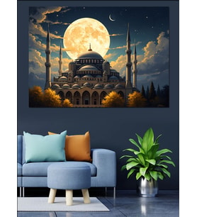 Dolunay Önünde Işıklı Büyük Cami Dekoratif Kanvas - Mdf Ahşap Tablo