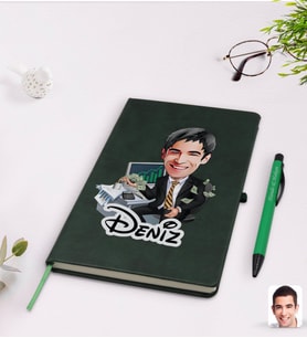 BK Gift Kişiye Özel Erkek Bankacı Karikatürlü Yeşil Termo Deri Defter Kalem Seti Model 3