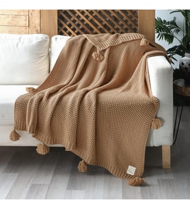 Pirinç Örgü Ponponlu Triko TV Battaniyesi Koltuk Şalı Koltuk Örtüsü Yatak Örtüsü Throw (Camel)