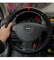 Opel Corsa C 2000-2006 Araca Özel Direksiyon Deri Kılıfı 5D KRİSTAL KARBON ALCANTRA KIRMIZI YÜZÜKLÜ