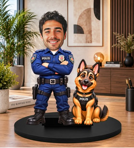 Kişiye Özel Polis Biblosu – Fotoğraftan 3D Karikatür Polis Figürü ve K9 Köpeği, Polise Özel Hediye, Masaüstü Dekor
