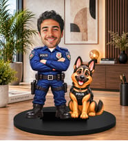 Kişiye Özel Polis Biblosu – Fotoğraftan 3D Karikatür Polis Figürü ve K9 Köpeği, Polise Özel Hediye, Masaüstü Dekor