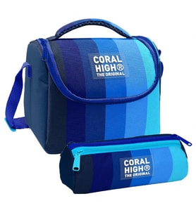 Coral High Erkek Çocuk Lacivert Mavi Renk Geçişli Çizgili Thermo Beslenme Çantası ve Üç Bölmeli Kalem Çantası Seti