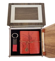 Özel Ahşap Kutulu Kiremit Rengi Deri Defter ve Anahtarlık Set