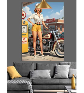 Retro Kıyafetli Kadın Ve Motosiklet Dekoratif Kanvas - Mdf Ahşap Tablo