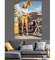 Retro Kıyafetli Kadın Ve Motosiklet Dekoratif Kanvas - Mdf Ahşap Tablo
