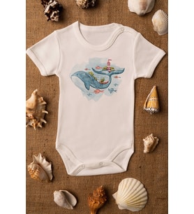 Unisex Ekru Bebek Balina Baskılı Çıtçıtlı Body