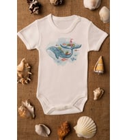 Unisex Ekru Bebek Balina Baskılı Çıtçıtlı Body