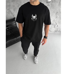 Erkek Kısa Kol Tişört Bisiklet Yaka ÖRÜMCEK Baskılı Oversize T-Shirt - Siyah