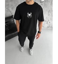 Erkek Kısa Kol Tişört Bisiklet Yaka ÖRÜMCEK Baskılı Oversize T-Shirt - Siyah