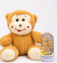 LED Işıklı Şans Melekli Fanus ve Sevimli Mutlu Peluş Maymun Hediye Seti