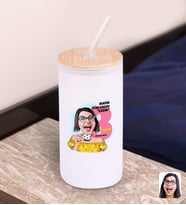 BK Gift Kadınlar Gününe Özel Karikatürlü Beyaz Renk Pipetli Buzlu Cam Bardak 600ml - 2, 8 Mart Kadınlar Günü