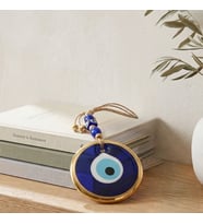 El Yapımı Hediyelik Cam Nazar Boncuğu, Yaldızlı, İpli, Mavi 11 cm Duvar Süsü (Koyu Mavi)