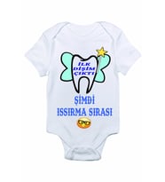 Unisex Bebek Beyaz İlk Dişim Çıktı Baskılı Zıbın Body