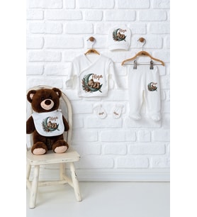 Pia Baby Premium %100 Pamuk 5’li Zıbın Set  İsme Özel Hastane Çıkışı Yenidoğan Bebek Hediyesi 5002-08 (Ekru)