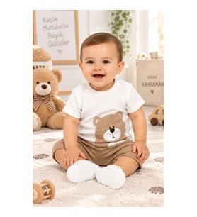 Ayıcık Nakışlı Waffle Kumaş Bebek Takımı 6-24 Ay
