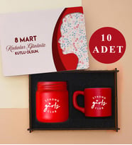 Kadınlar Günü 10’lu Set Ahşap Anı Kutusu, Kahve Fincanı ve Kokulu Mum Seti- Kırmızı