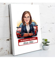 Kişiye Özel Hediye Karikatürlü En Başarılı Kadın Oto Galerici Kanvas Tablo