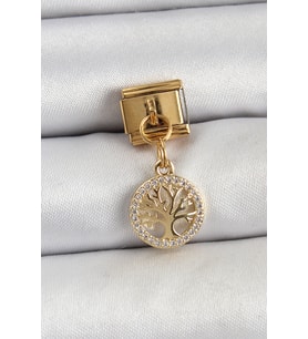 316L Çelik Sallantılı Zirkon Taşlı Hayat Ağacı Model Gold Renk Nomination Charm TJ-BC1422