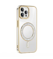Apple iPhone 12 Pro Uyumlu Kılıf Pırlanta Taş Tasarımlı M-safe Şarj Özellikli Zore Karetta Silikon Kapak (Gold)