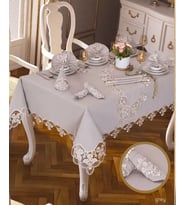 Karanfil Gardenya Keten Yemek Takımı Masa Seti 12 Kişilik 26 Parça 160 × 260 cm Runner Set Gri