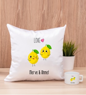 Kişiye Özel Sevimli Limonlar Kare Yastık ve Fincan