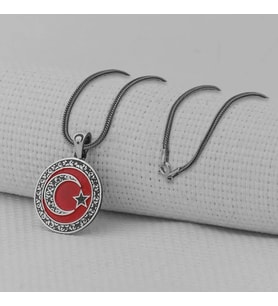 Gravur İşlemeliOrta Boy Ay Yıldız 925 Ayar Gümüş Erkek Kolye