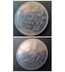 1974 Akmonital 5 lira (çil/1974-yılı değerli ) eski madeni para (Çok Renkli)