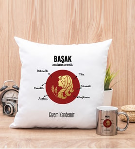 Kişiye Özel Başak Burcuna Hediye Kare Yastık ve Silver Kupa
